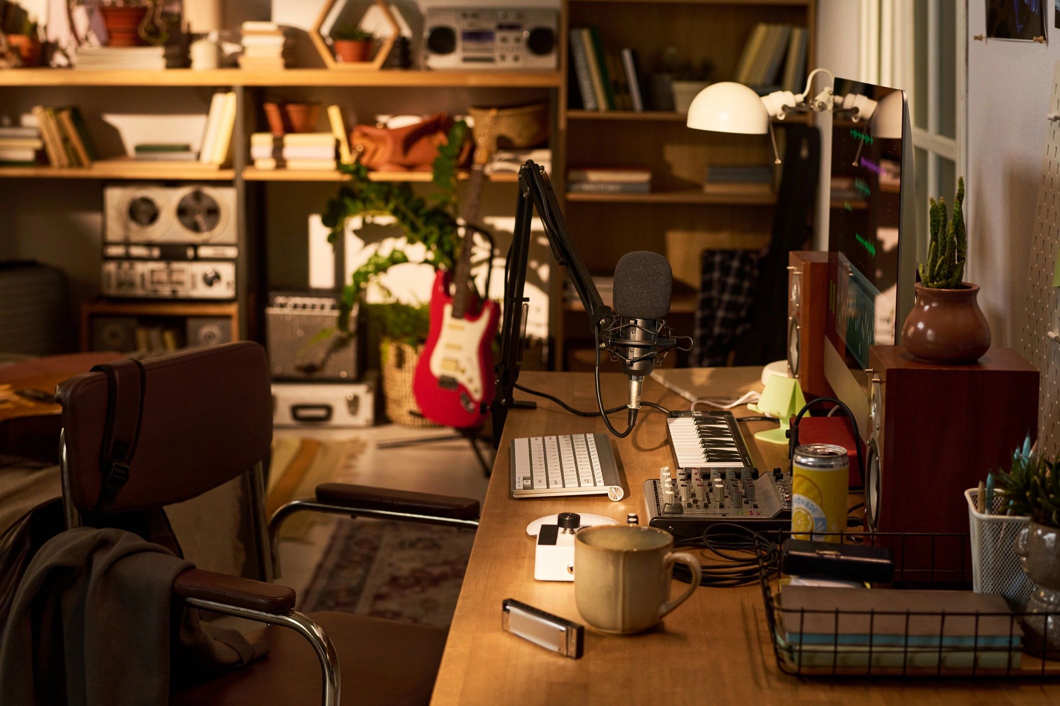 Home music studio with microphone and audio equipment
