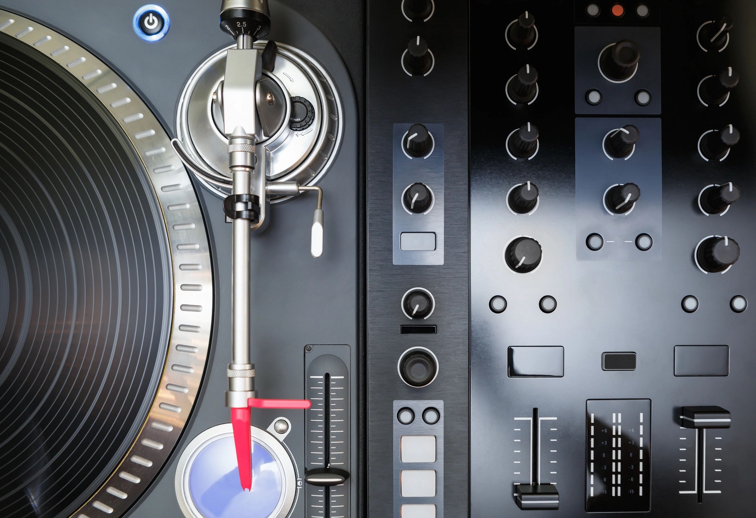 Dj setup overhead shot.Turntable top view